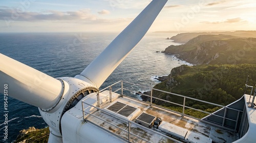 View from Top Platform of a Wind Turbine Over Sea. Detailed view of the top platform and nacelle of a wind turbine, showing technical details and railings, with a stunning background of a rocky 