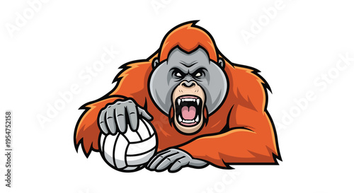 Cartoon gorilla holding a volleyball with an aggressive expression on a plain white background.