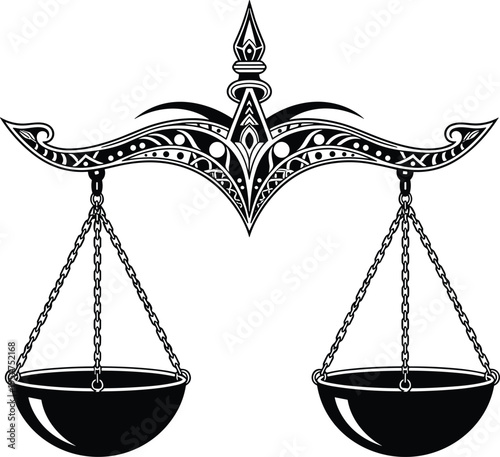 ornate justice scales illustration, decorative law balance symbol vector, legal equality concept, vintage courtroom icon design, artistic justice representation, black detailed silhouette