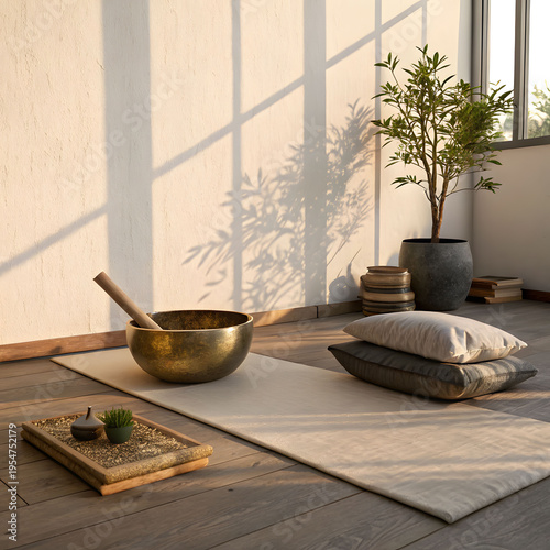 meditation corner still life featuring neutral cushions, small plant, incense holder, soft lighting, and calm serene mindfulness environment.