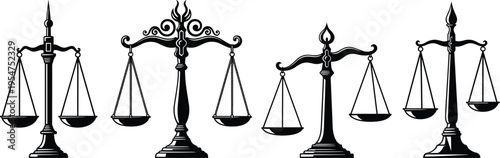 vintage justice scales silhouettes set, ornate law balance symbol vector, legal equality concept illustration, courtroom icon design, classic justice representation, black silhouette