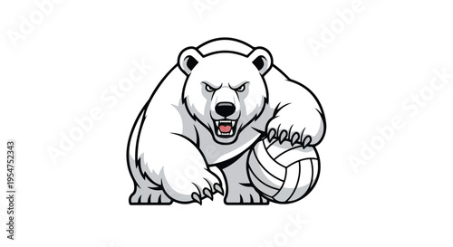 A cartoon polar bear aggressively holding a volleyball with an open mouth and clenched fist on a white background.