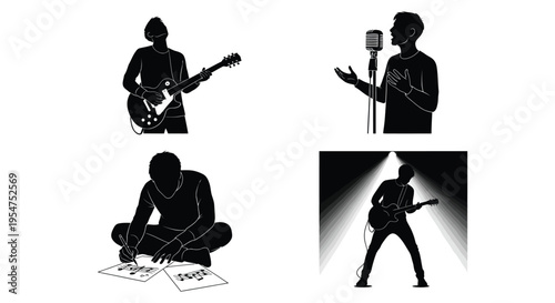 Vector illustration of musicians in various performance and songwriting activities in black and white