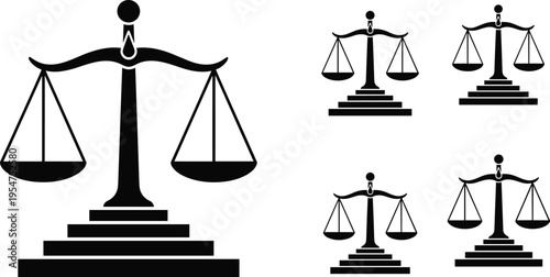 justice scales silhouettes collection, law balance symbol vector set, legal equality concept illustration, courtroom icon design, black silhouette isolated, fairness justice representation
