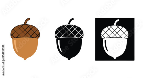 Three stylized acorn icons in brown, black, and white with a crisscross pattern on the cap against a clean white background.