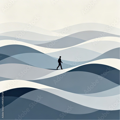 Flow State as a small silhouette on refined, layered wave-like bands moving in synchronized rhythm, soft desaturated palette, representing deep concentration and effortless progress.eps