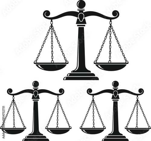justice scales silhouettes set, law balance symbol vector, legal equality concept illustration, courtroom icon collection, black silhouette isolated design, fairness justice concept