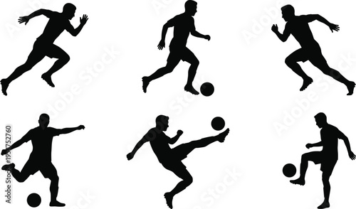 soccer player silhouettes action set, football running kicking dribbling poses vector, athletes dynamic movement illustration, sports collection, black silhouette isolated design