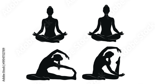 Women in various yoga poses for flexibility and meditation practices