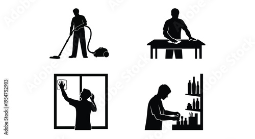 Silhouette illustration of people cleaning and organizing spaces with various tools and equipment effectively