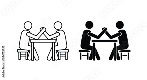 Black and white illustration of two pairs of people sitting at tables and shaking hands in a simple graphic style against a clean white background.