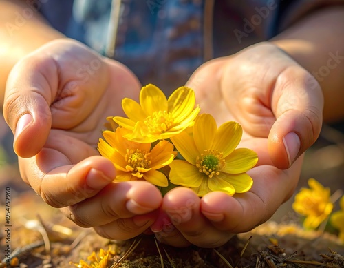 Close-up of hands cradling three vibrant yellow flowers. Soft sunlight illuminates the petals, creating a warm, natural feel