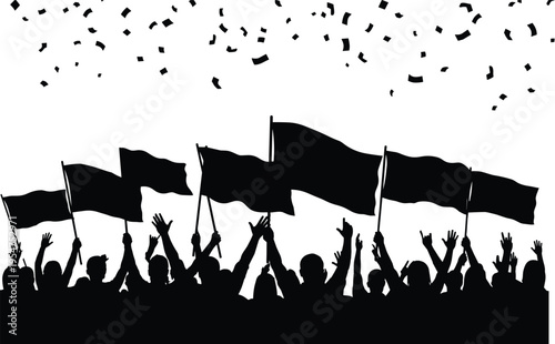 Silhouette crowd waving flags during protest rally celebration with cheering people confetti social activism freedom movement demonstration concept illustration background