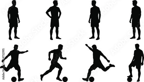 soccer player silhouettes set, football standing and action poses vector, athletes dribbling kicking ball, sports illustration collection, black silhouette isolated design