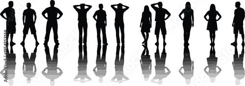 people silhouettes collection, standing human figures vector, diverse group illustration, casual poses shadow reflection, male female characters, modern silhouette design set