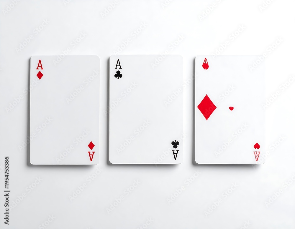 Obraz premium Three playing cards featuring aces, red and black suits, on white background