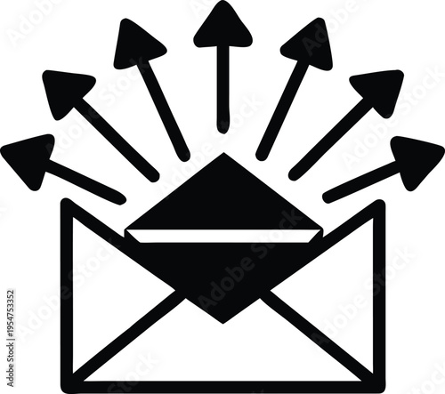 Black envelope with multiple arrows pointing up white background isolated