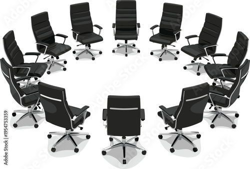 office chair circle arrangement, corporate meeting seating, boardroom chairs vector, workplace conference setup, professional office furniture, teamwork discussion concept, modern swivel chairs