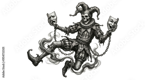 a jester with a skull face and theatrical masks.