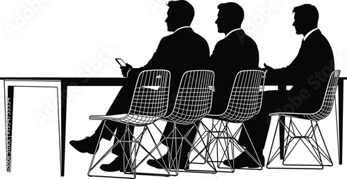 Business professionals sitting, corporate meeting attendees waiting, office interview scene, teamwork concept, modern workplace discussion, silhouette people seated in row