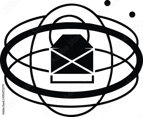 Black envelope surrounded by orbiting lines and dots white background