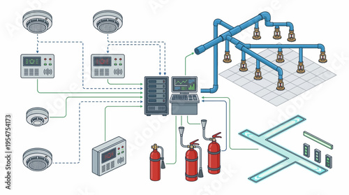 A detailed illustration of a fire alarm system with various components and detectors.