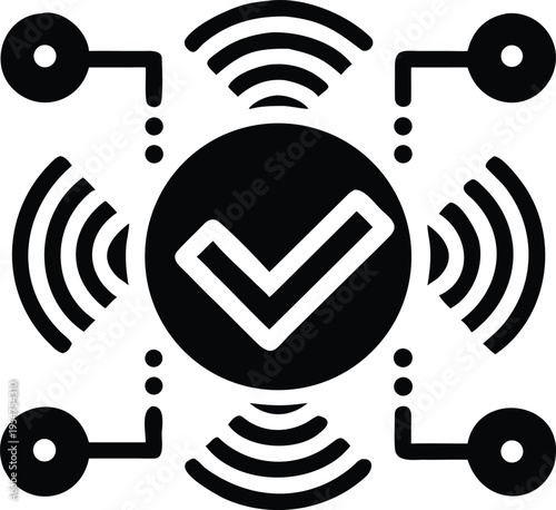 Black checkmark symbol with wireless signals white background