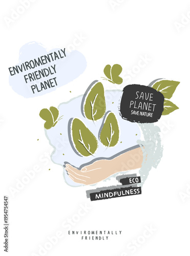 Vector hand drawn cartoon sign sketch of green leaves with supporting hand as a sign of organic product .Environmentally friendly planet concept. Organic Food Label. Nature Symbol.