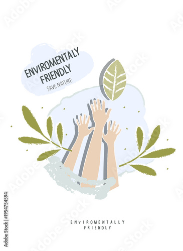 Vector hand drawn cartoon sign sketch of green leaves with supporting hand as a sign of organic product .Environmentally friendly planet concept. Organic Food Label. Nature Symbol.