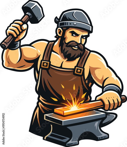 Strong bearded blacksmith forging metal on an anvil with hammer, cartoon vector illustration