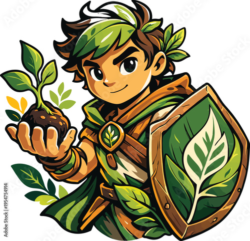 Young nature protector character holding a green seedling and shield, symbolizing environmental care vector