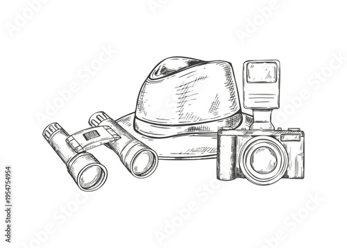 Hand drawn personal accessories for wildlife explorer or detective. Camera, binoculars and felt fedora hat vector isolated illustration. Adventure blog graphics, travel agency marketing material.