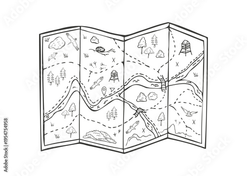 Laid out schematic stylized map with natural landmarks vector isolated illustration painted by black inks. River, tree, bird on tourist map monochrome flat. Top view. For activity book, camp material