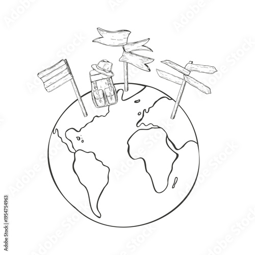 Hand drawn wood pointer ways, backpack on stylized planet Earth vector isolated illustration painted by black inks. Wooden signpost with arrows, rucksack for adventure or tourism trip, map, guidebook