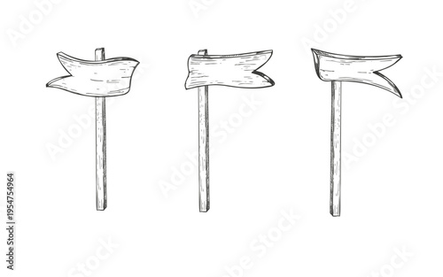 Wooden arrow pointers vector isolated clip art painted by black inks. Hand drawn tourist signs elements for creating wayfinding systems, road maps, booklet or guidebook. Flag on pole for kid toys
