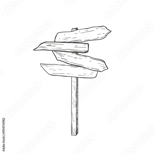 Wooden wood arrow pointer way vector isolated black and white illustration. Hand drawn empty tourist signs for forest walk or hiking graphic sketch. Wood pointer ways for booklet, map, guidebook