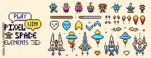 Pixel space elements. Color images of UFO, captors, spaceships, and other game elements.