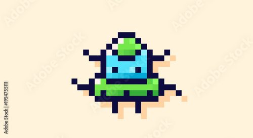 Pixel art 8-bit green and blue space occupant.