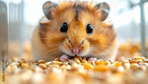 Close-up of a cute Syrian hamster eating seeds in its habitat.