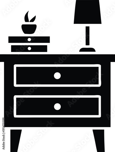 Black and white of a nightstand with a lamp and a plant drawer furniture