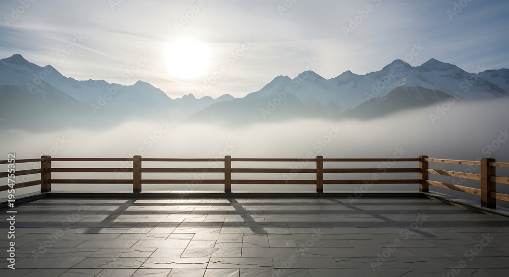 Naklejka premium Scenic mountain terrace overlooking a misty valley at sunrise