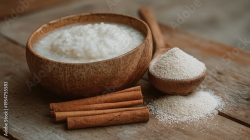 Wooden Bowl with Creamy Yogurt and Flour with Cinnamon Sticks on Rustic Table for Culinary and Food Photography