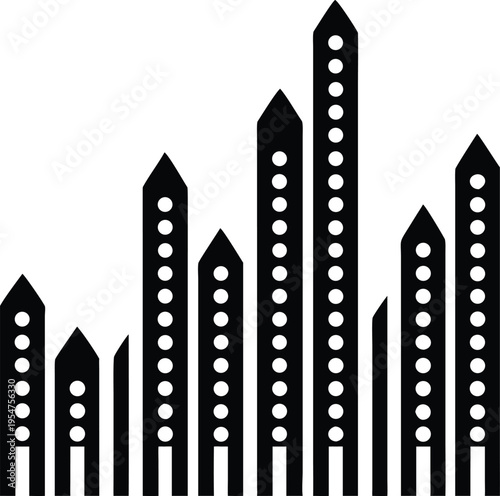 Black and white cityscape with skyscrapers and dots