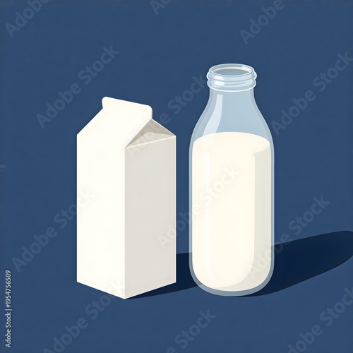 Fresh Milk Packaging: Classic Glass Bottle and Modern Carton on Deep Blue Background