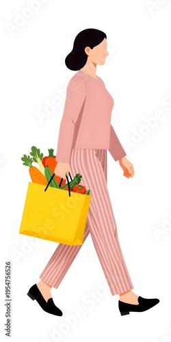 Flat Design Illustration of Woman Walking with Groceries and Fresh Vegetables in a Shopping Bag