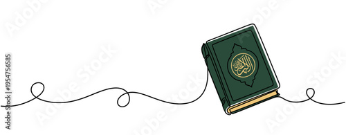 Quran book lying on continuous line minimalist background setting. no editable strokes