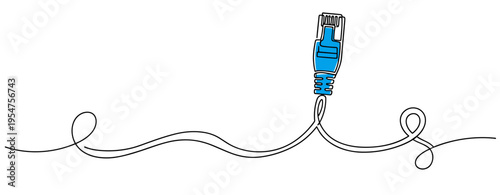 Ethernet plug connected to wavy cable on continuous line background. no editable strokes
