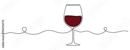 Wine glass half filled on continuous line in white space. no editable strokes