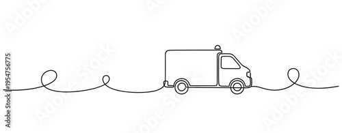 Delivery van driving along continuous line on blank background. no editable strokes
