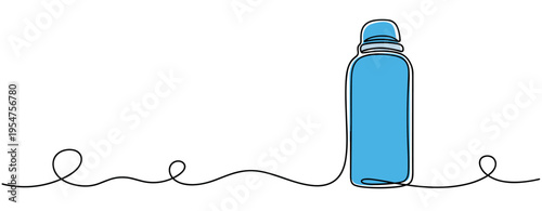 Blue water bottle standing on continuous line illustration. no editable strokes
